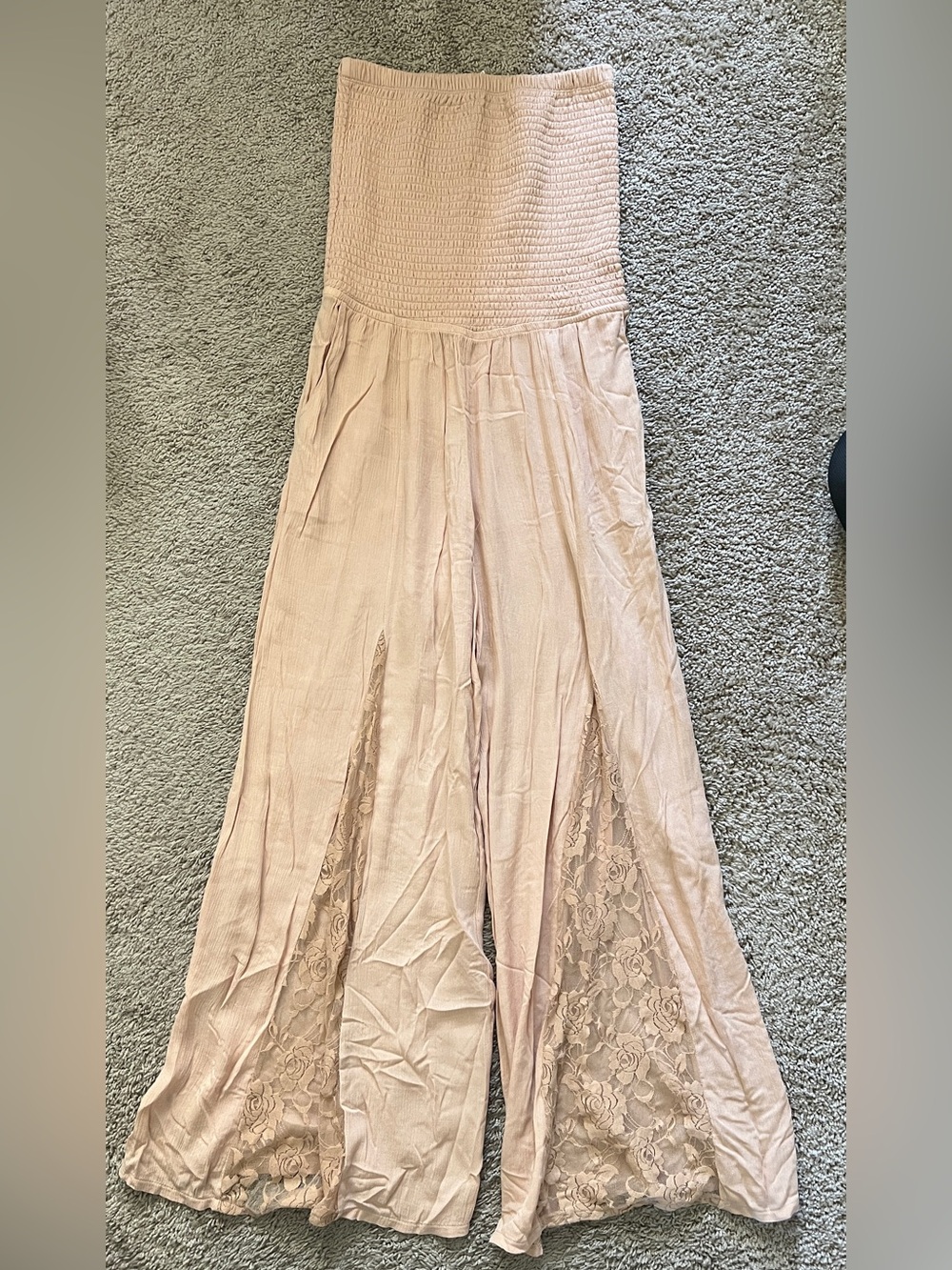 Venus nude color Wide-Leg Jumpsuit with Lace Insets and pockets